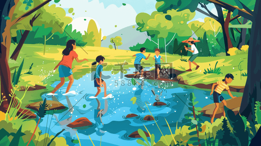 绿色夏季池塘游泳插画