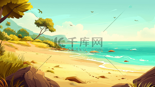 海边度假风景插画图片_夏季海边沙滩风景度假插画