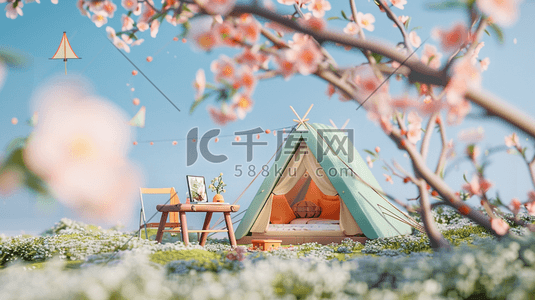 树叶花瓣插画图片_粉色梦幻户外树木唯美帐篷的插画