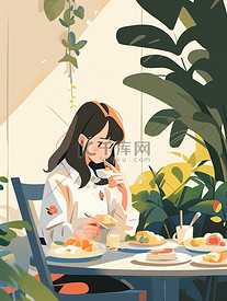 女孩在餐桌上吃饭扁平风插画