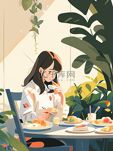 餐桌彩平图插画图片_女孩在餐桌上吃饭扁平风插画