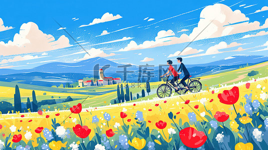 穿过云霄插画图片_骑自行车穿过风景如画的乡村插画素材
