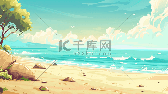 沙滩海边度假插画图片_夏季海边沙滩风景度假插画