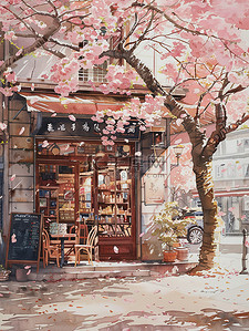 樱花盛开街角咖啡店素材