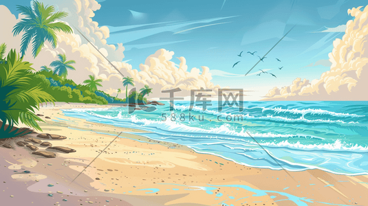 染黑的海水插画图片_夏季海边沙滩风景度假插画