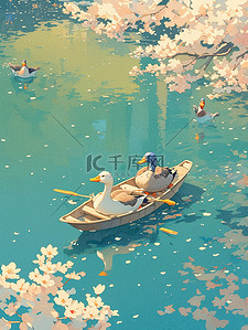漂浮春天插画图片_野鸭悠闲地漂浮在水中插图