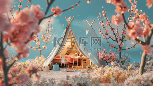树叶花瓣插画图片_粉色梦幻户外树木唯美帐篷的插画