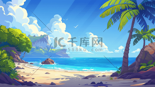 夏季海边沙滩风景度假插画