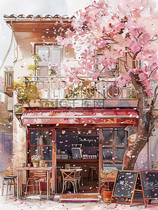 樱花盛开街角咖啡店插画图片