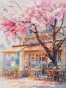 一个人的街角插画图片_樱花盛开街角咖啡店插图