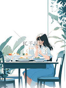 餐桌餐桌插画图片_女孩在餐桌上吃饭扁平风插画海报