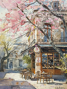 樱花盛开街角咖啡店插图