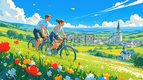 骑自行车穿过风景如画的乡村插画素材