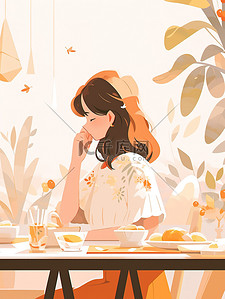 餐桌彩平图插画图片_女孩在餐桌上吃饭扁平风矢量插画