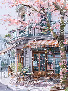 樱花盛开街角咖啡店插画素材