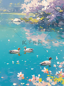 漂浮春天插画图片_野鸭悠闲地漂浮在水中矢量插画