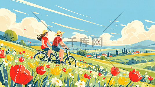 骑自行车穿过风景如画的乡村插图