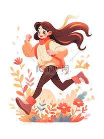 一个女孩在跑步春天的气氛矢量插画