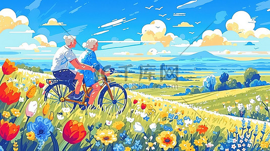 骑自行车穿过风景如画的乡村插画