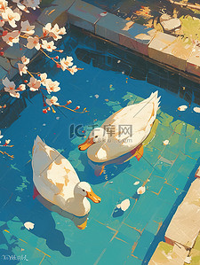 漂浮春天插画图片_野鸭悠闲地漂浮在水中插画