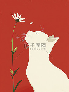 花朵摆动插画图片_白猫与花朵简约插画