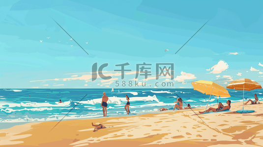 夏季沙滩插画图片_夏季沙滩度假的人插画