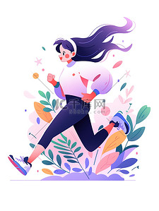 一个女孩在跑步春天的气氛插画海报