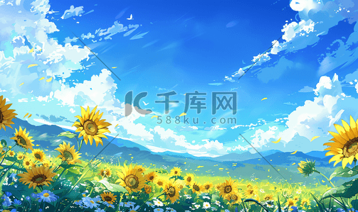 自然风景合插画图片_夏天蓝天下的向日葵花朵自然风景