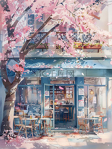 街角零食铺插画图片_樱花盛开街角咖啡店图片