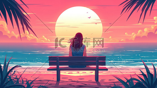 一个女人坐在长椅上看日落插图