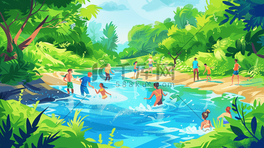 夏天绿色插画图片_绿色夏季池塘游泳插画