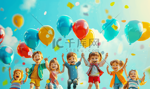 蓝色背景暑假插画图片_儿童节快乐的孩子组乐子的性质人物
