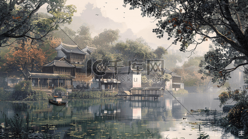 中国风庭院风景插画