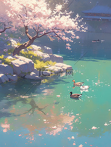 春天漂浮插画图片_野鸭悠闲地漂浮在水中图片