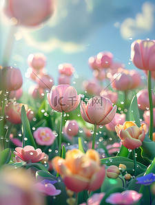 3D卡通春季景观郁金香插画图片
