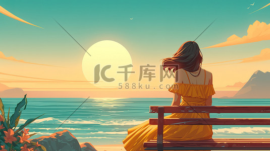 坐在吧椅上的女人插画图片_一个女人坐在长椅上看日落插画图片