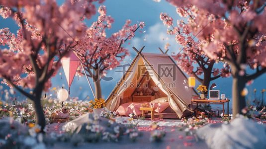 粉色梦幻户外树木唯美帐篷的插画