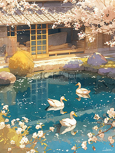 漂浮春天插画图片_野鸭悠闲地漂浮在水中插画图片