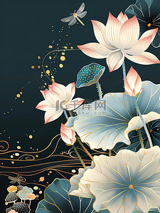 彩色荷叶荷花蜻蜓中国风插画素材