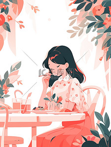女孩在餐桌上吃饭扁平风插画