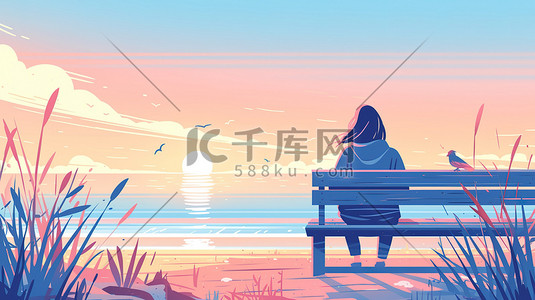 一个女人坐在长椅上看日落原创插画