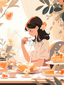 餐桌上吃饭插画图片_女孩在餐桌上吃饭扁平风插画设计