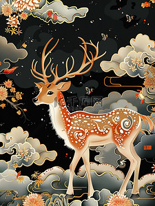 中国风鹿插画图片_古典祥云小鹿惊艳的色彩插画素材