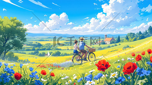骑自行车穿过风景如画的乡村插画设计