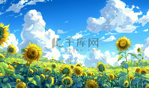 夏天的夏天的插画图片_夏天蓝天下的向日葵花朵自然风景