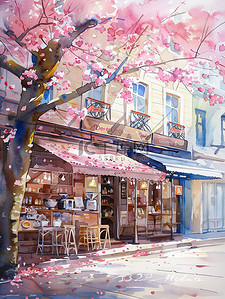 樱花盛开街角咖啡店图片