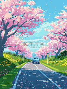 樱花树下的汽车春天插画设计