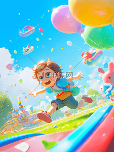 游乐场有奖插画图片_彩色卡通儿童游乐场奔跑气球的插画