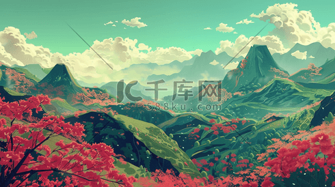 彩色唯美山脉山景风景风光的插画