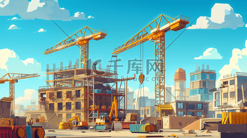 彩色城市建筑工地塔吊的插画